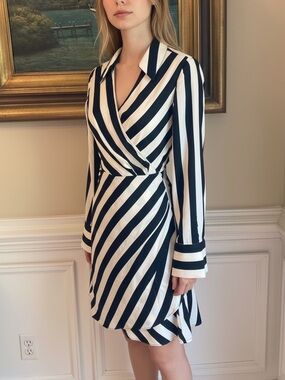H&M Black White Cream Cabana Stripe Wrap Dress NWT